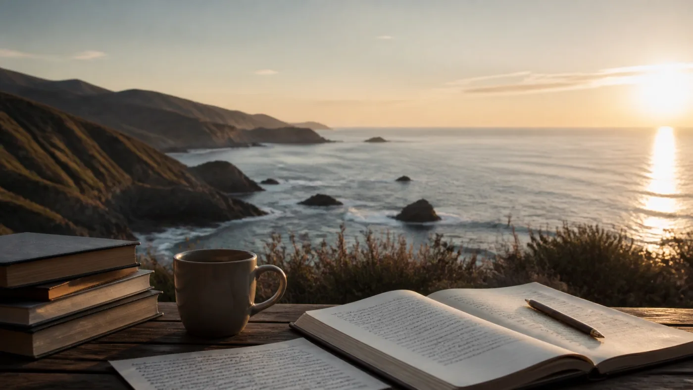 An open notebook and books beside a coffee cup overlooking a sunlit coast